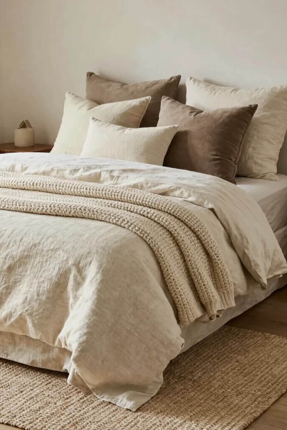 Close view of a bed with a cream linen duvet, an oatmeal knitted blanket and pillows in ivory and mushroom, on a jute rug