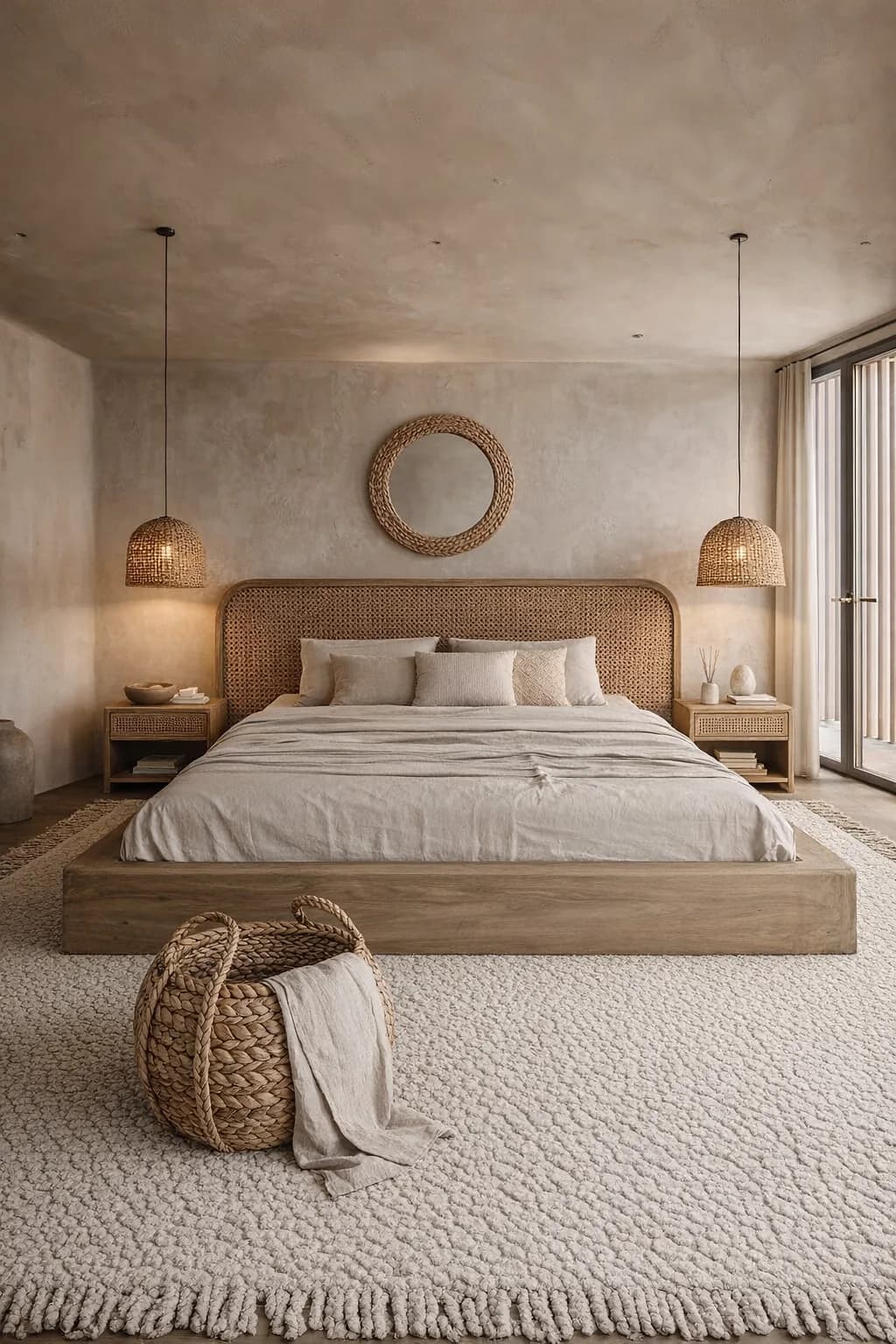 Bedroom with limewashed walls and ceiling, a cane headboard on a low wood platform bed, two small rattan pendant lights, a woven round mirror, a looped cream rug and a woven basket