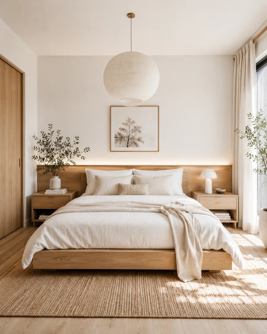 Low pale oak platform bed with white linen bedding and a gauze throw, a large paper globe pendant, a small botanical print, oak nightstands and a jute rug