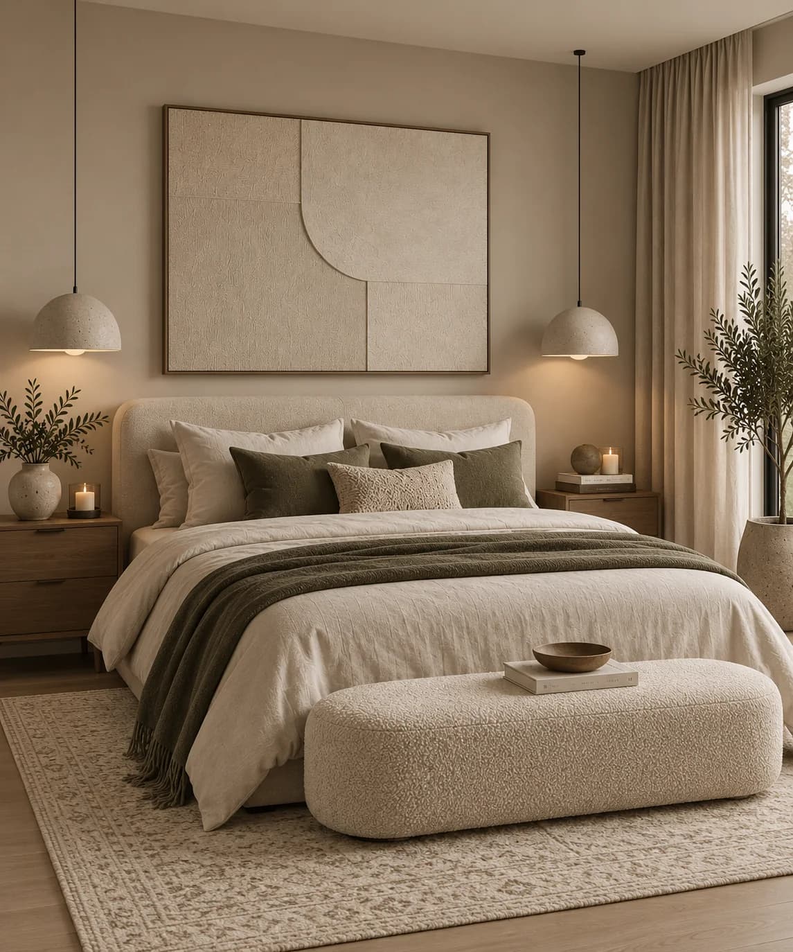 Upholstered cream bed with olive and cream pillows and an olive throw, a large off-white relief artwork above, two stone-colored pendant lights and a rounded bouclé bench at the foot