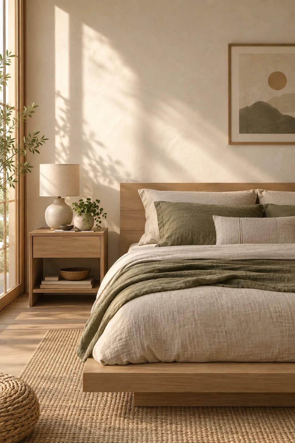 Oak platform bed with cream linen and an olive green throw and pillows in low sunlight, an oak nightstand with a ceramic lamp, a framed abstract landscape and a jute rug