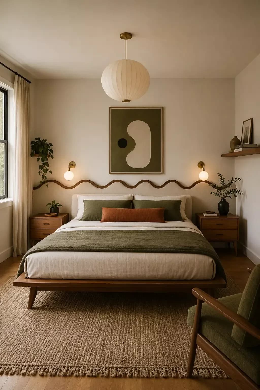 Bed with olive and rust pillows on a walnut frame, a wavy wooden wall ledge with two globe wall lights, a paper lantern pendant, an abstract print in olive and cream and a jute rug
