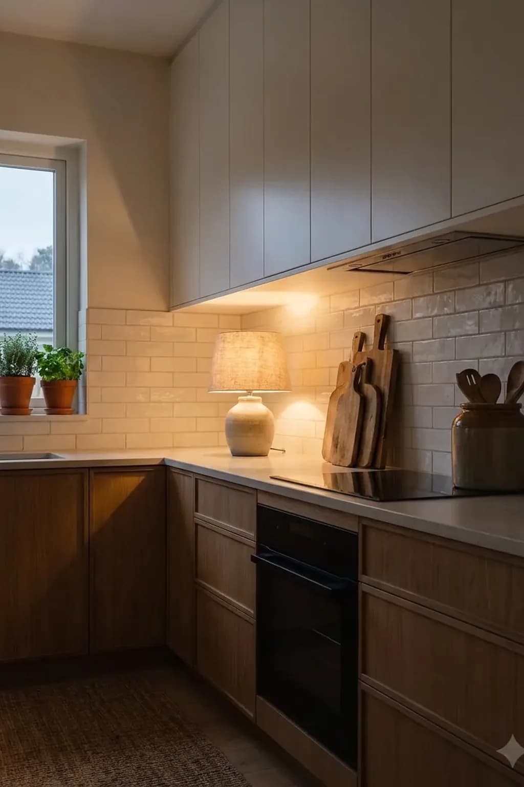 Corner of a kitchen counter at dusk with a small ceramic table lamp with a linen shade switched on, wooden boards leaning on a cream tile backsplash, a stoneware jar of utensils, dark wood base cabinets and pale flat upper cabinets