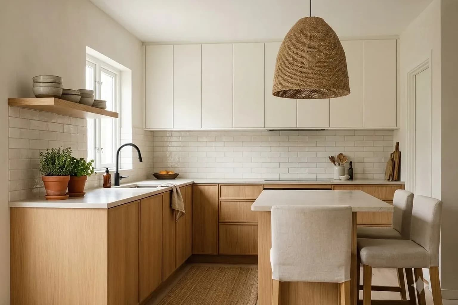 Medium-sized kitchen with flat-front natural oak base cabinets and warm white upper cabinets, a honed pale stone counter, a cream handmade-look tile backsplash, a matt black tap, one thick oak floating shelf with stoneware bowls