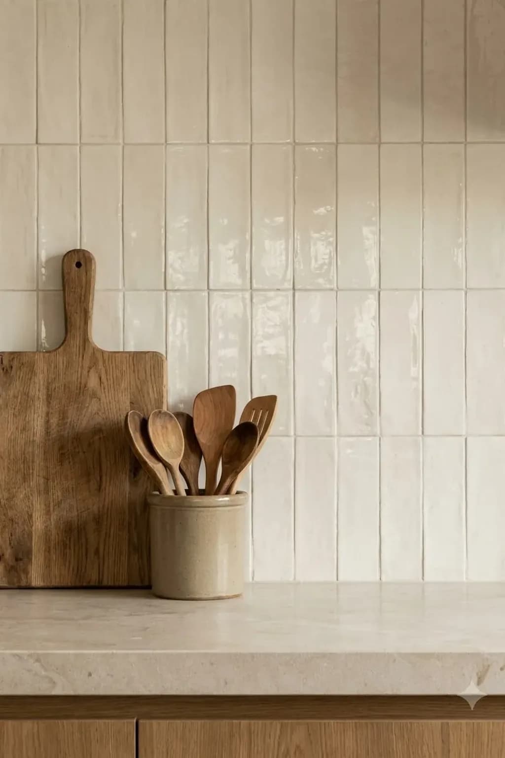 Close view of a kitchen backsplash in slightly uneven glazed cream tiles stacked vertically behind a pale stone counter, a wooden cutting board leaning against the tiles, a stoneware crock with wooden utensils