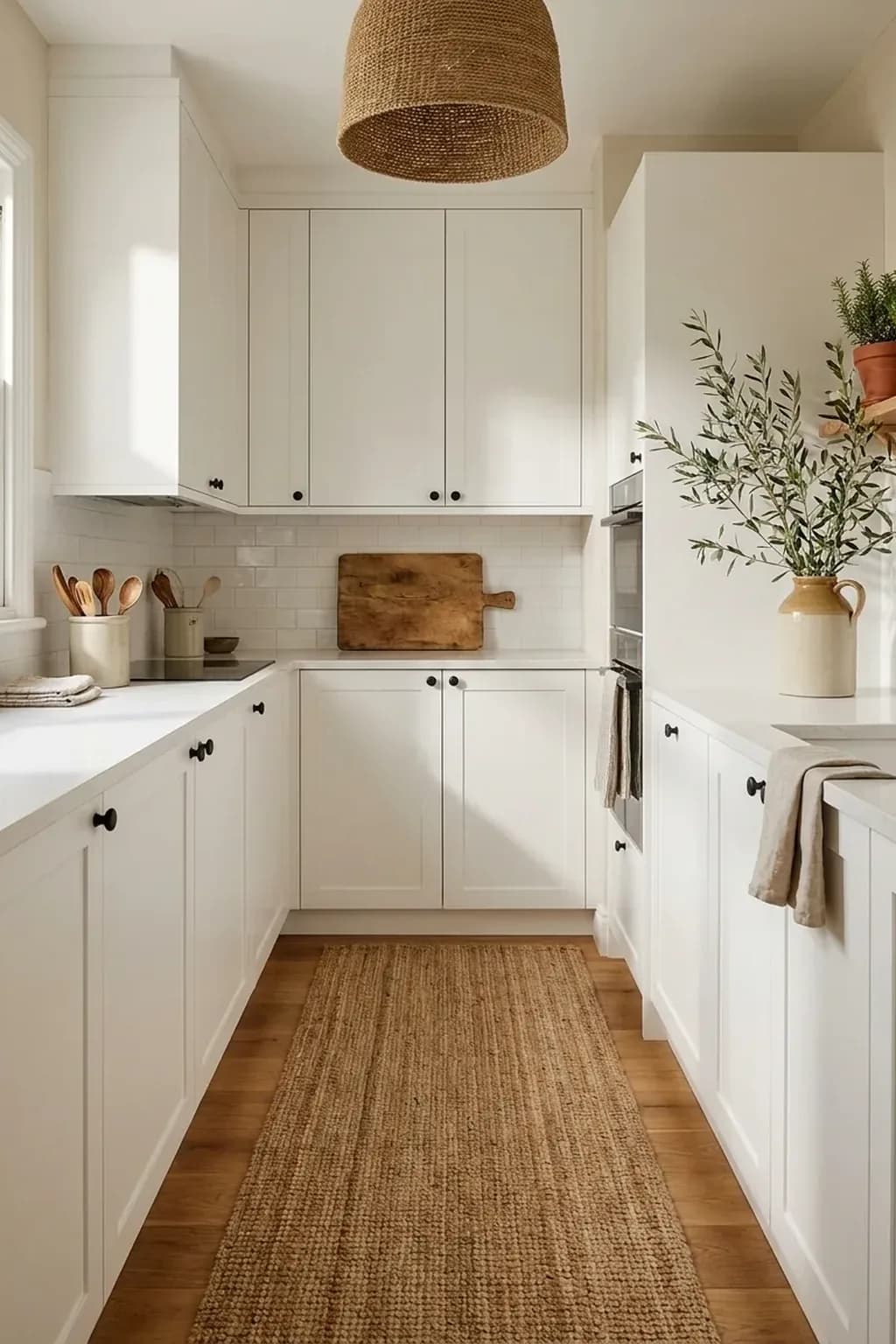Narrow galley kitchen in a rental with plain white cabinets fitted with small matt black knobs, cleared counters with a wooden board and a crock, a jute runner on the floor, a jug with a branch by the window