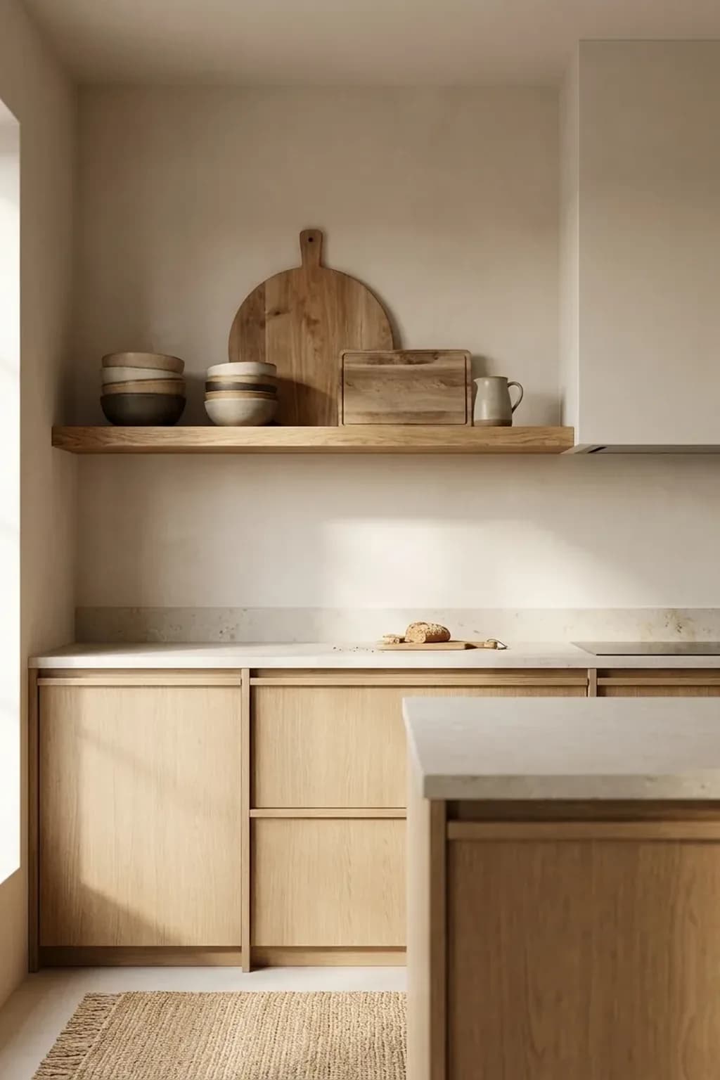 Single thick solid oak floating shelf on a warm plaster kitchen wall beside a plain hood, holding stacked stoneware bowls, two wooden boards and a small jug, pale counter beneath