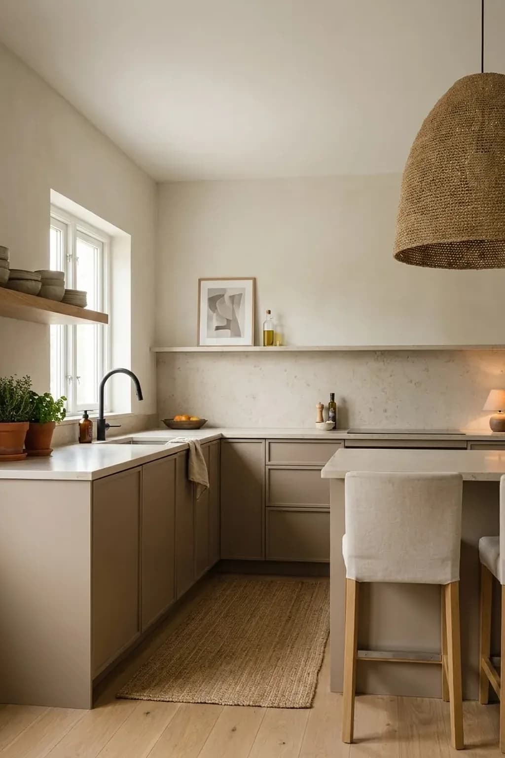 Kitchen counter in pale honed stone that continues up the wall as a low backsplash ending in a narrow ledge, on the ledge a small framed abstract print and a bottle of oil, mushroom-colored flat cabinets below and a woven pendant above