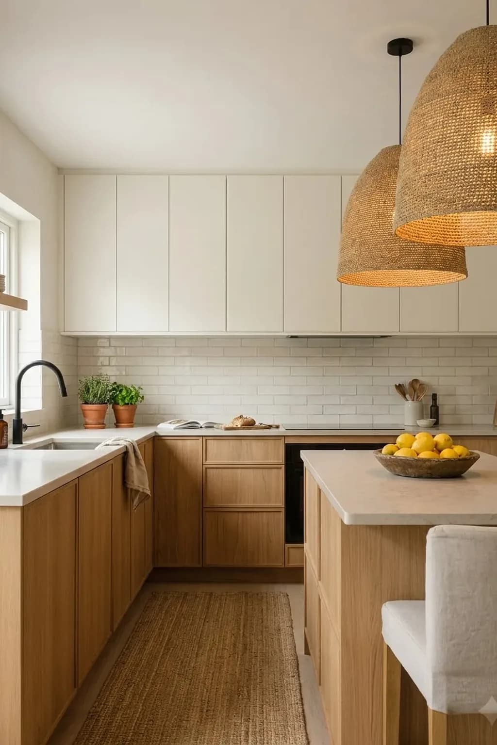 Woven rattan pendant lighting over a pale stone kitchen island with oak cabinets and a bowl of lemons