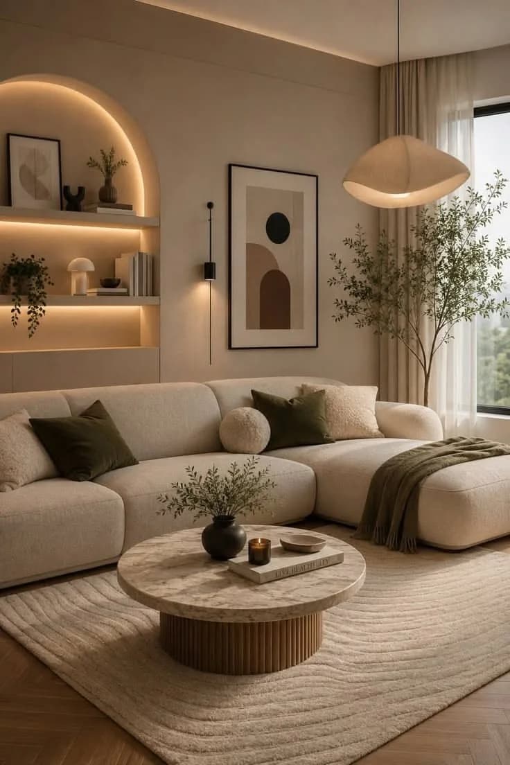 Cream sofa with olive cushions and throw on a cream rug with a carved wave pattern, a round stone-topped table with a fluted wood base, an arched wall niche with lit shelves and a pendant light