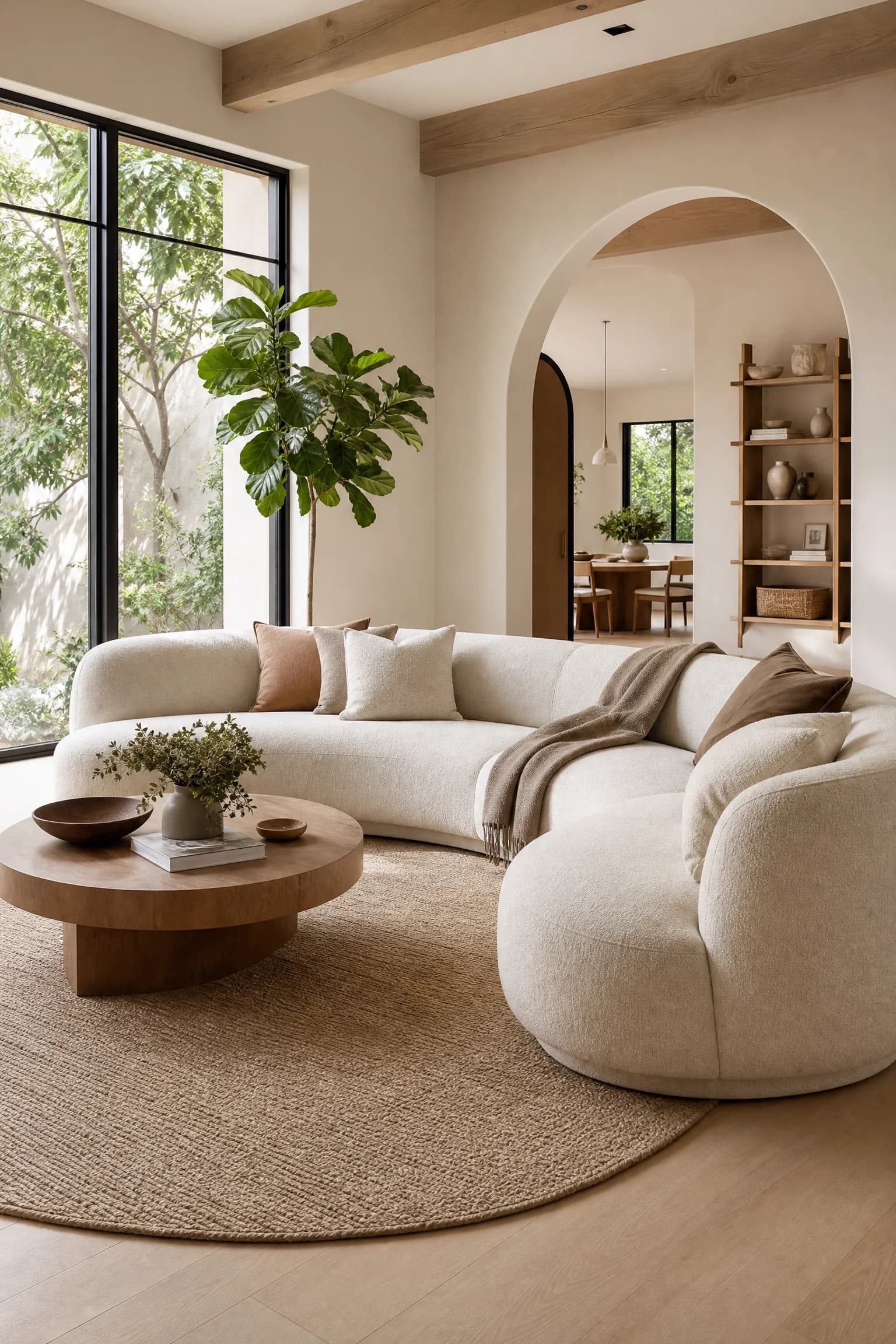 Cream bouclé curved sofa and matching round armchair on a round jute rug with a round wooden coffee table, a plastered arch behind and a fiddle-leaf fig by the window