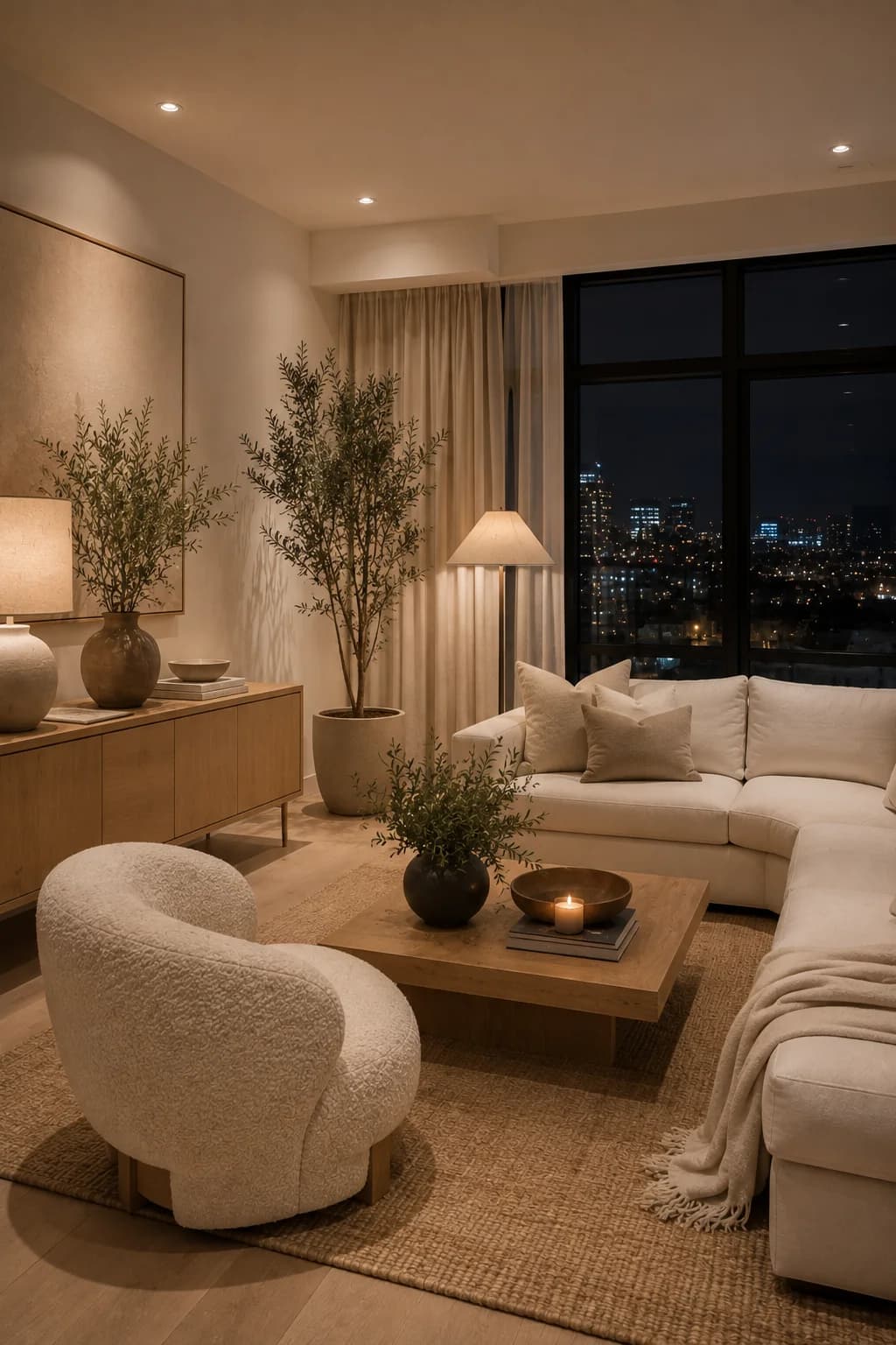 Evening living room with a cream sectional, a rounded bouclé armchair, a square wooden coffee table with a candle, a jute rug, olive trees and an oak sideboard