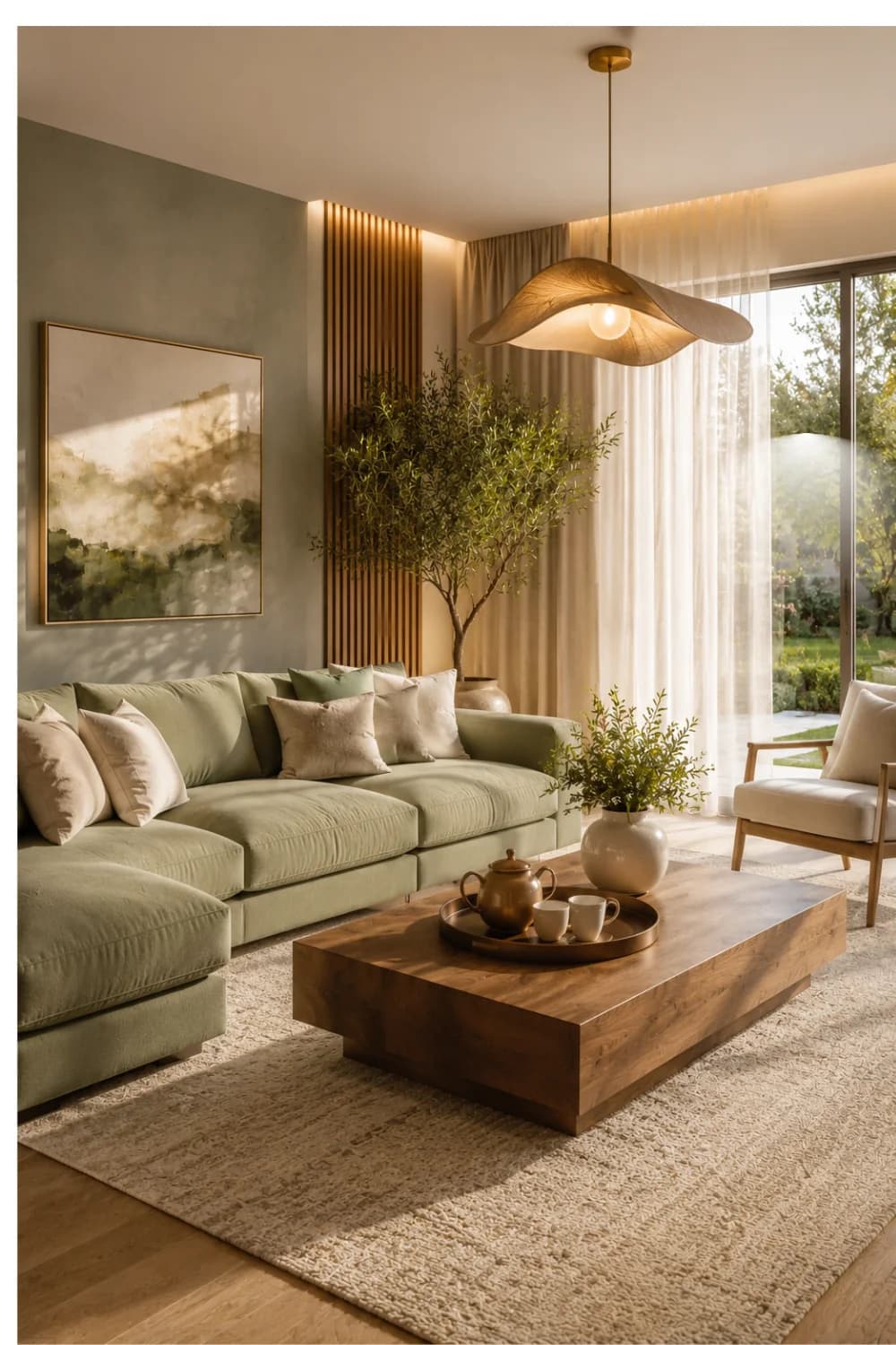 Sage green sofa with cream cushions, a long solid walnut block coffee table with a tea tray, a textured rug, a wood slat panel, a woven pendant and an olive tree