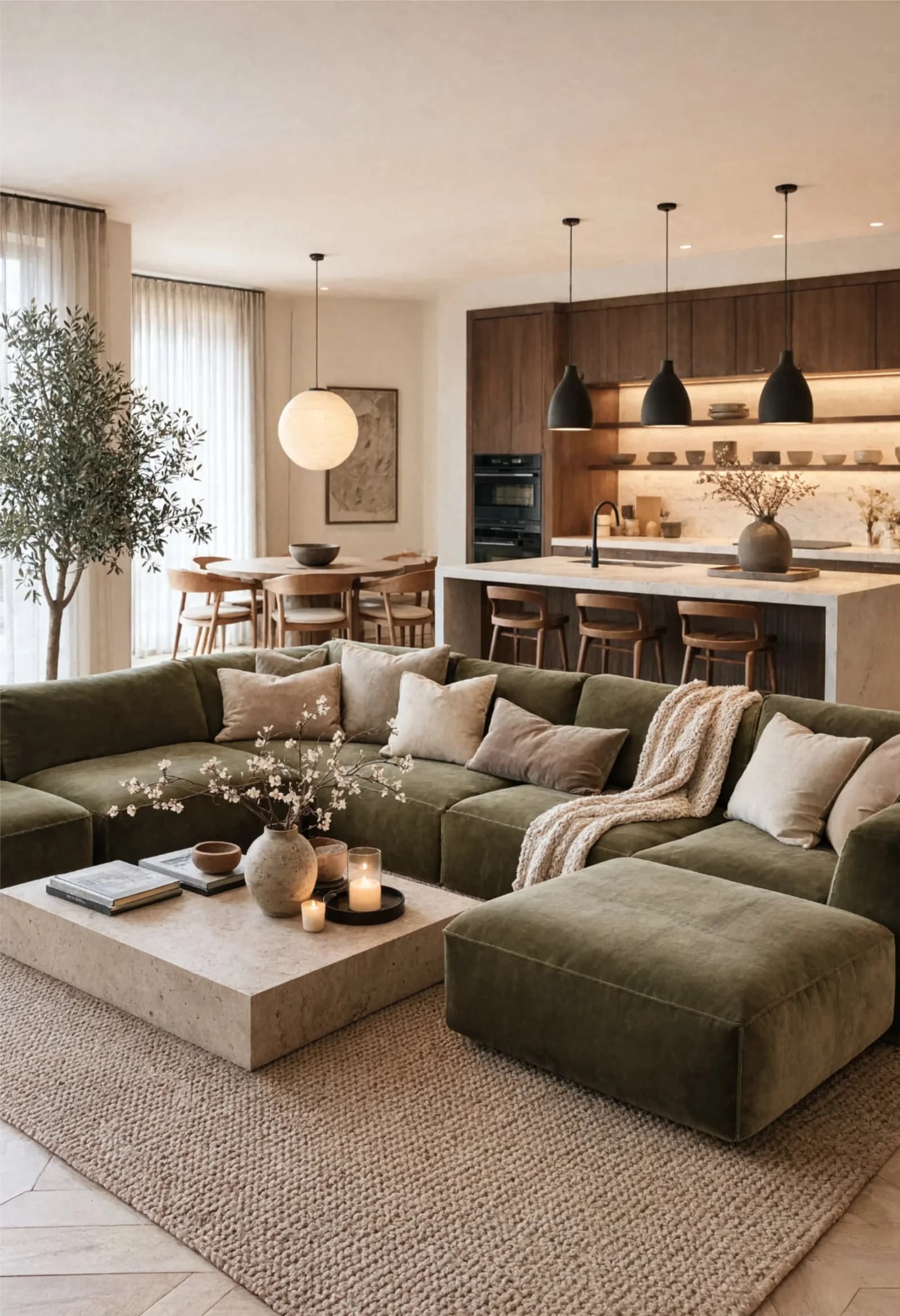 Open-plan living room with a low olive green modular sofa and cream cushions, a pale stone block coffee table, a chunky woven rug, an olive tree and a wood kitchen behind