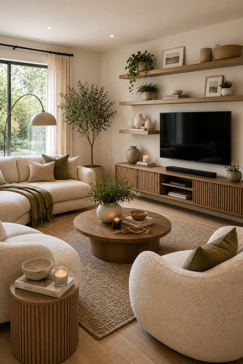 Living room with two long wooden shelves above a wall-mounted television, a fluted wooden media cabinet, a round wooden coffee table, cream sofa and curved bouclé armchair, an olive tree and an arched floor lamp