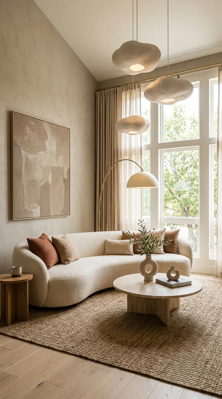Small cream curved sofa with rust cushions on a jute rug, a round stone coffee table, a large pale abstract canvas, an arched floor lamp and cloud-shaped pendant lights