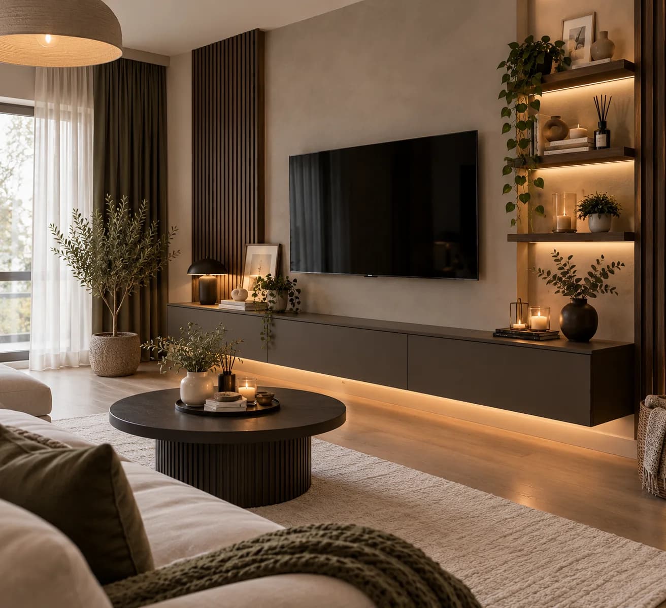 Living room with a wall-mounted television on a mushroom-colored wall, a long dark floating cabinet with a light strip, dark wood slats, lit shelves with trailing plants and a black round coffee table