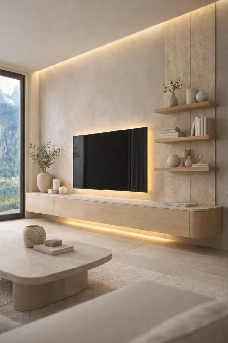 Plaster-effect TV wall with a wall-mounted screen lit from behind, three pale floating shelves with ceramics to one side and a long pale floating cabinet with a light strip beneath