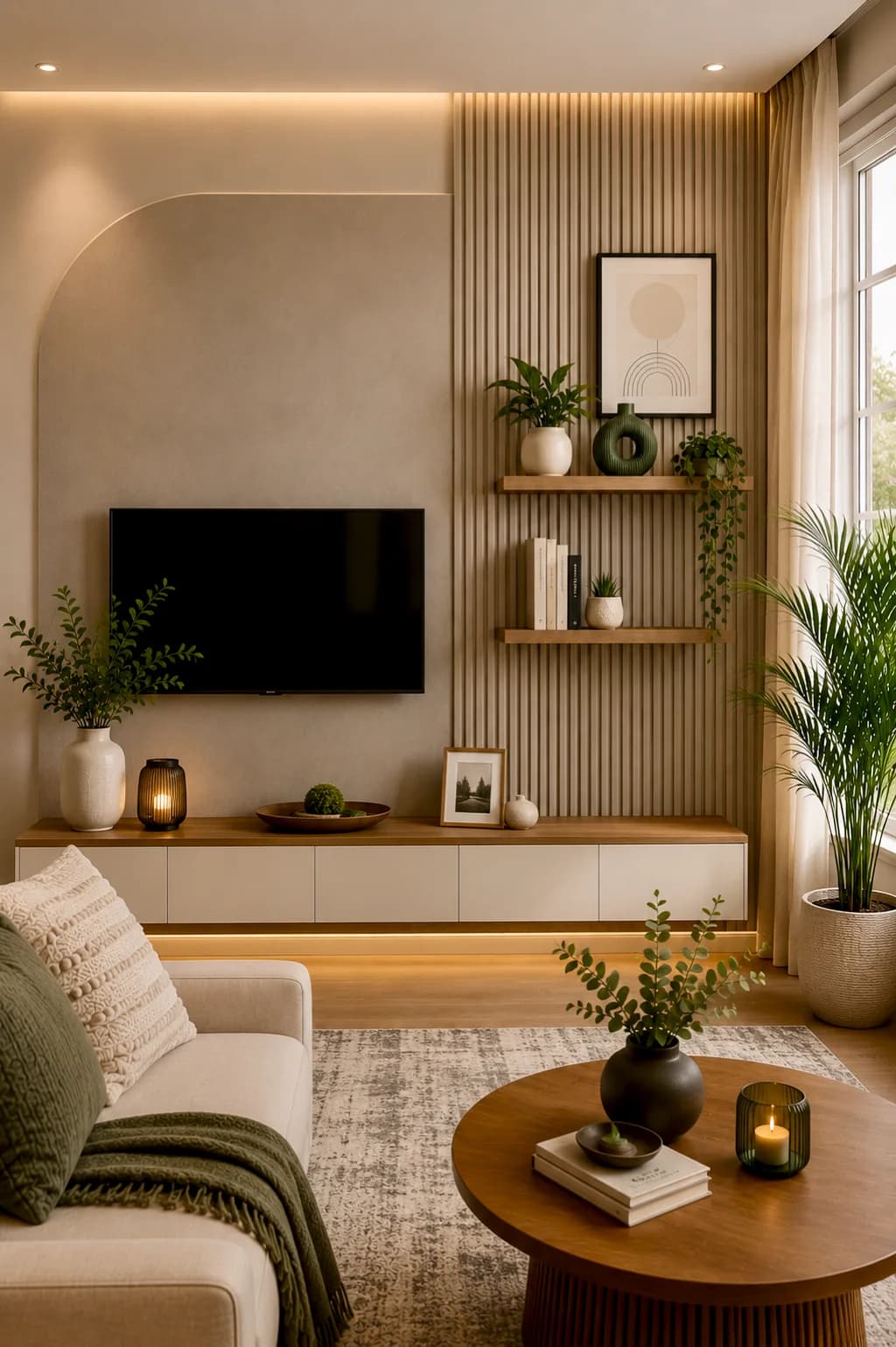 TV wall with a soft curved plaster panel, a wood slat section with two shelves of plants and books, a low white and wood cabinet with a light strip, and a round wooden coffee table
