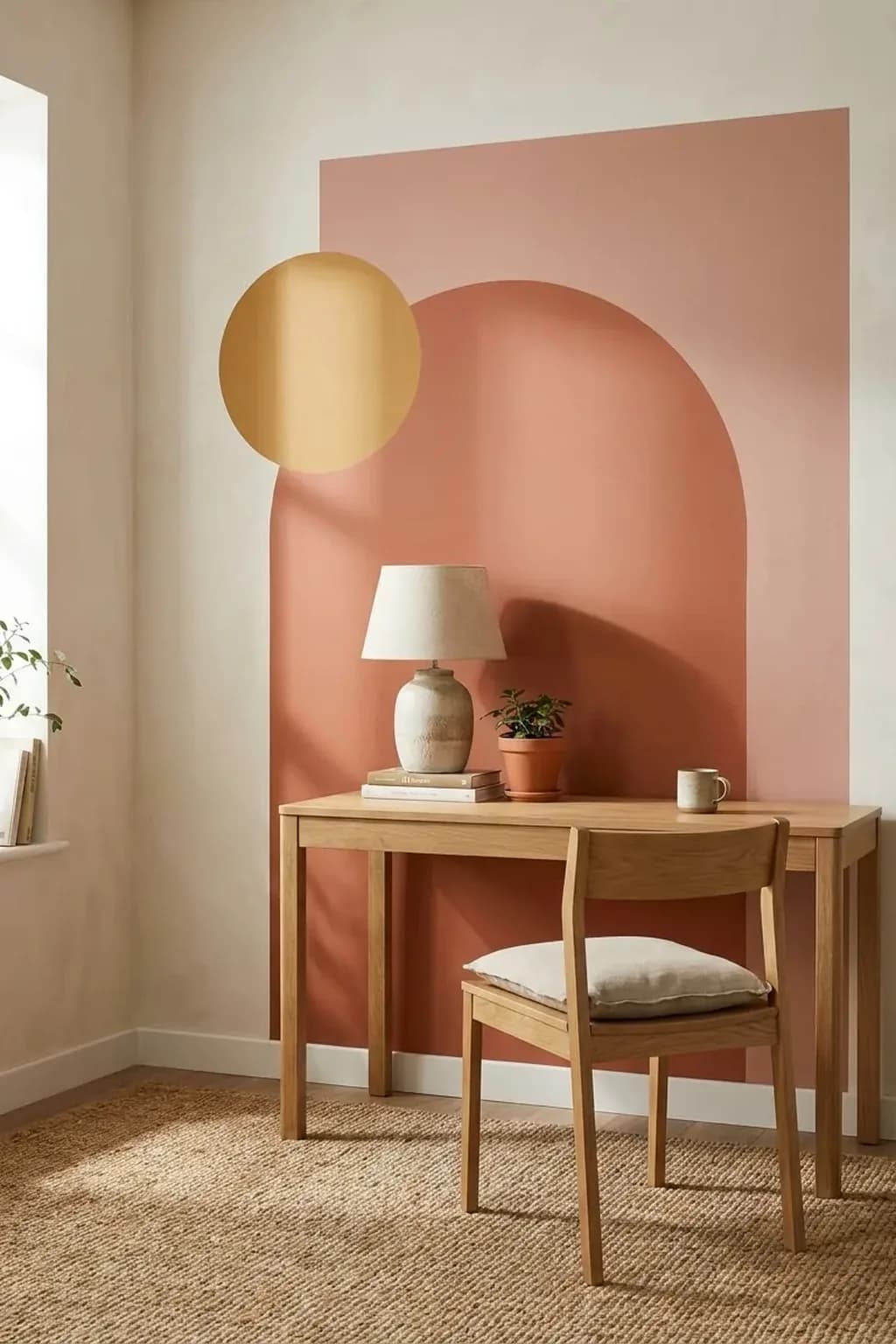 Home office corner with overlapping painted shapes on the wall, a clay pink rectangle, a terracotta arch and a small ochre circle, behind an oak desk with a lamp and a chair, flat matt paint