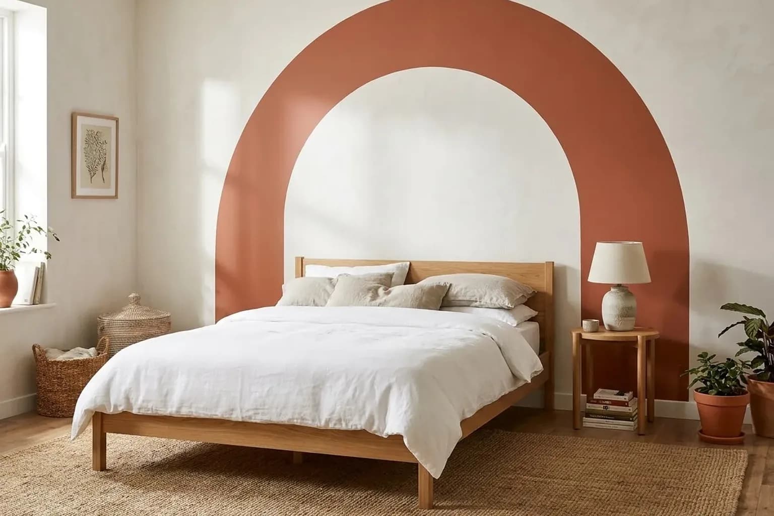 Bedroom with a wide terracotta arch band painted on a warm white wall behind a simple oak bed with white linen bedding, a small bedside table with a ceramic lamp in front of the arch's edge, a jute rug, the arch painted directly on the flat wall with crisp edges