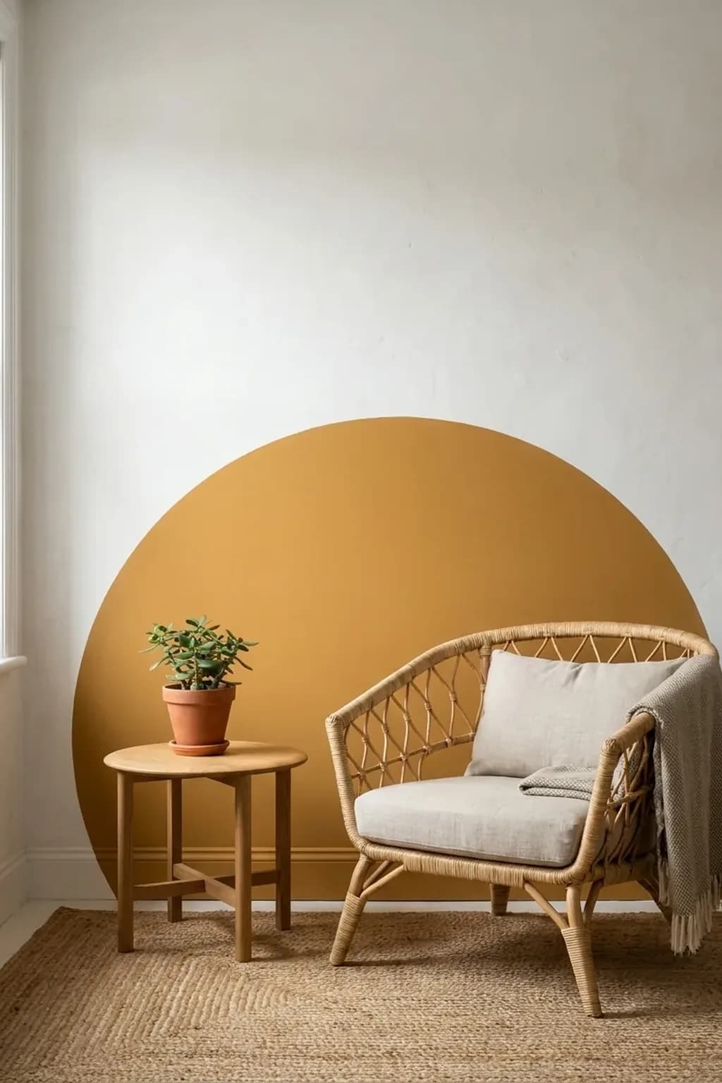 Large ochre half circle painted on a white wall rising from the floor behind a rattan armchair and a small side table with a plant, flat matt paint with a clean curved edge