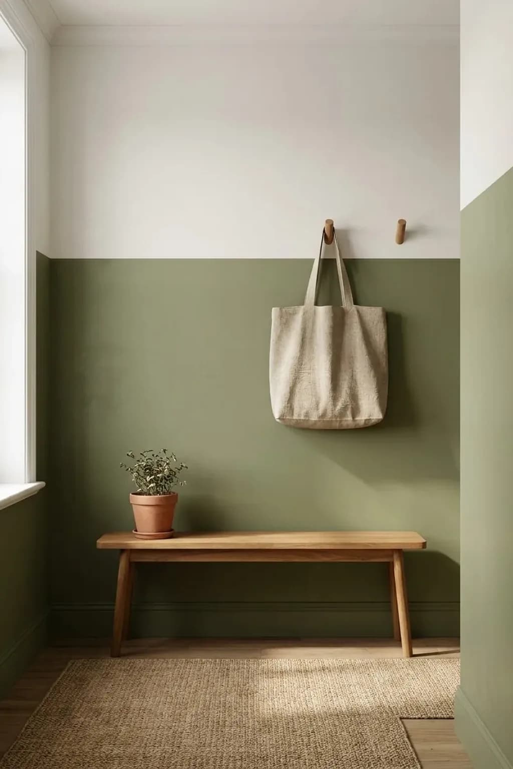 Hallway with the lower two-thirds of the wall painted muted olive green and the upper third warm white with a perfectly straight horizontal line, a slim wooden bench, two wall hooks with a linen tote bag