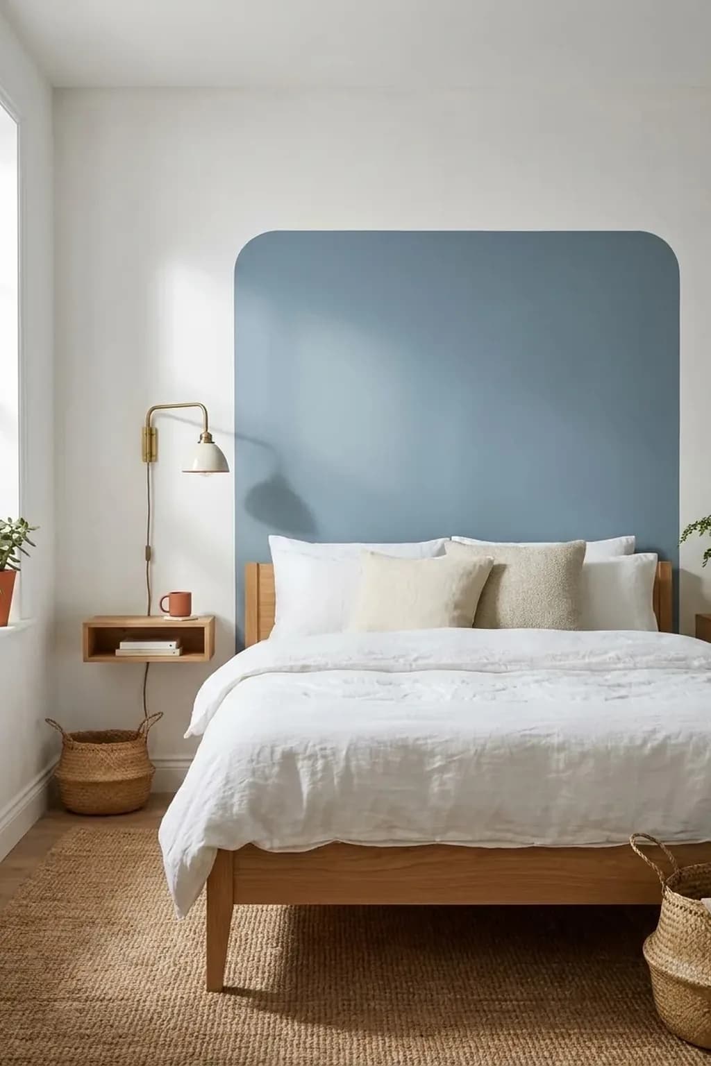 Small bedroom with a dusty blue rectangle with rounded top corners painted on the white wall behind a bed in place of a headboard, white bedding, two cushions, a wall lamp, a narrow bedside shelf