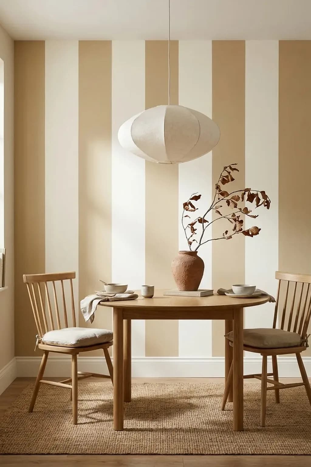 Wall painted in wide vertical stripes of cream and sand behind a small dining table with two wooden chairs, a paper pendant light, a vase with a branch, the stripes even and crisp