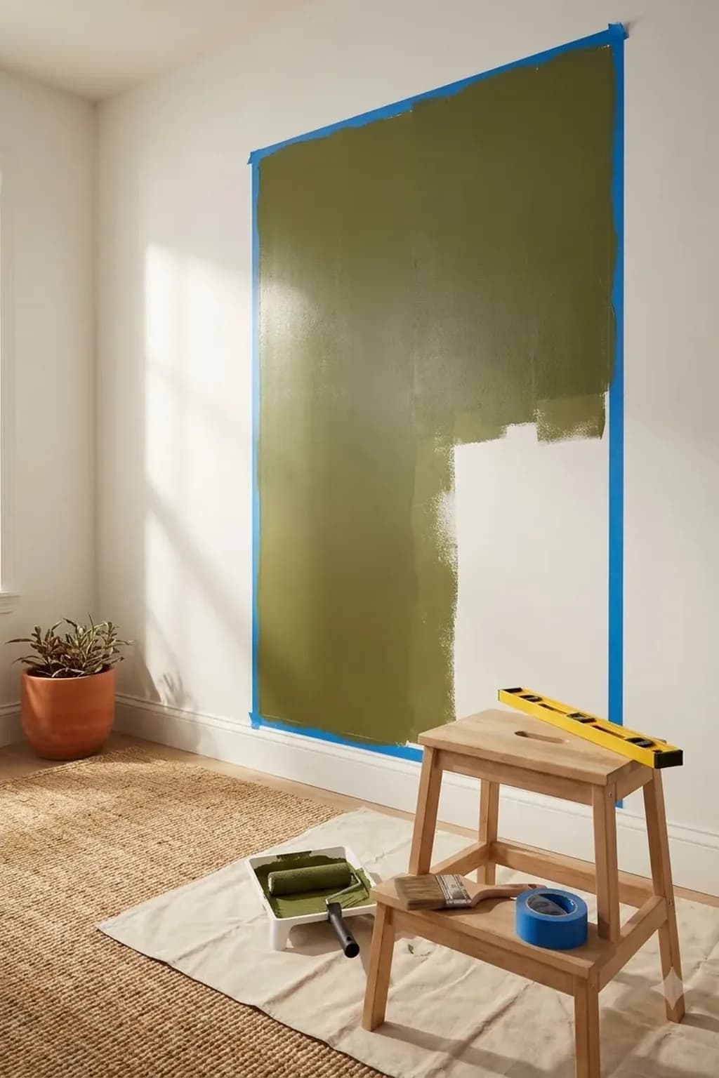 Painting in progress on a white wall: a half-painted olive green rectangle outlined with painter's tape, a small roller in a tray, an angled brush, a level and a roll of tape resting on a drop cloth on a step stool