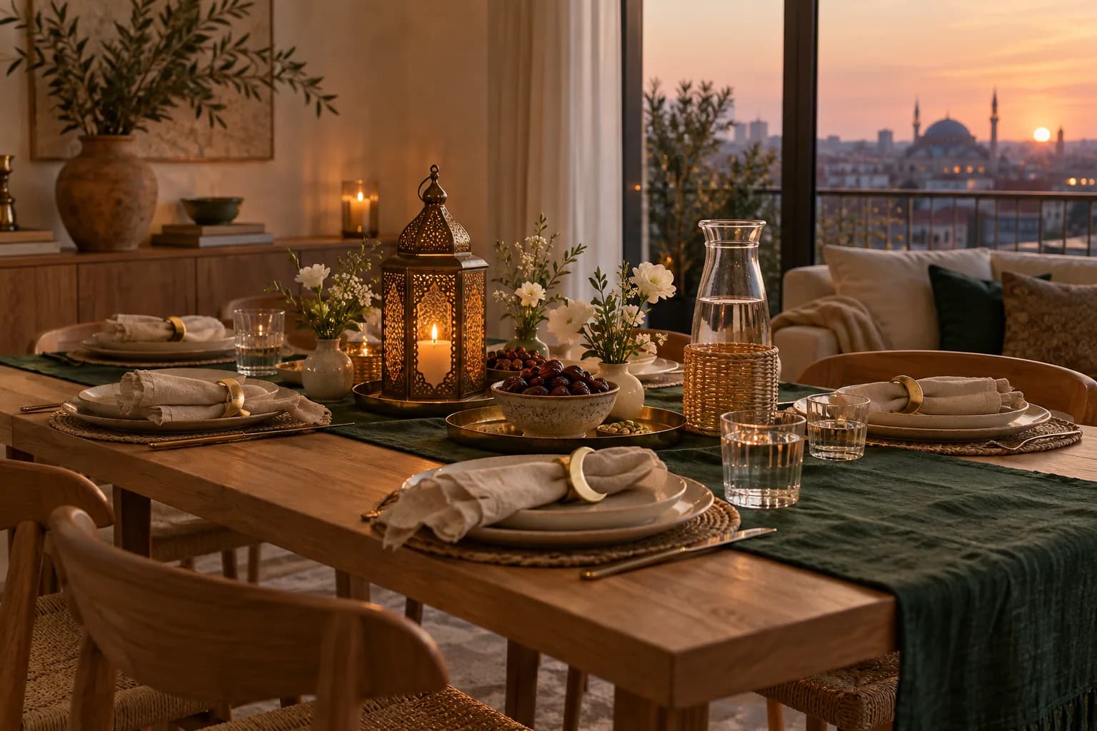 Iftar table at dusk with a linen runner, a brass lantern, dates in a ceramic bowl and crescent napkin rings