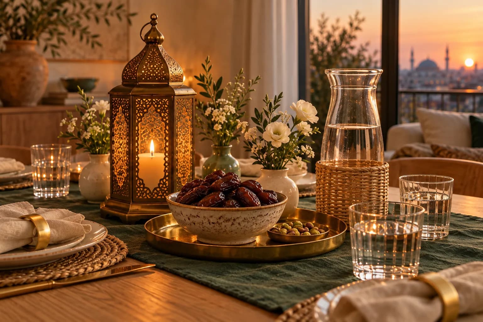 Brass tray with dates, a glass water jug and small glasses beside a lantern