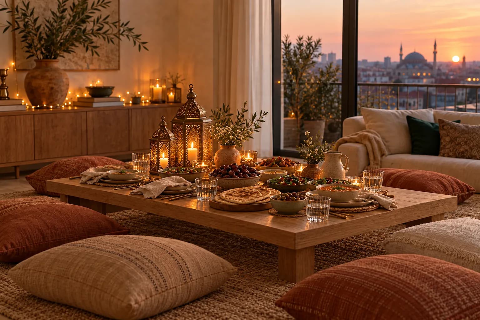 Low table on a rug with floor cushions set for iftar, lanterns glowing