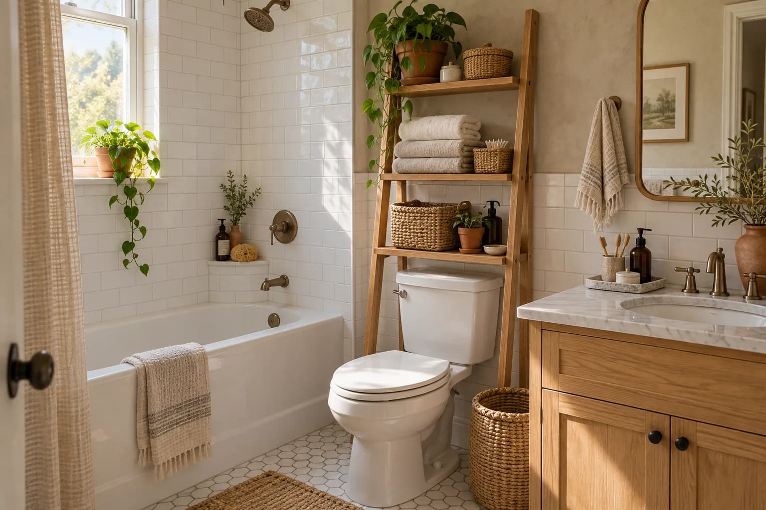 Small rental bathroom with a ladder shelf over the toilet and woven baskets for storage