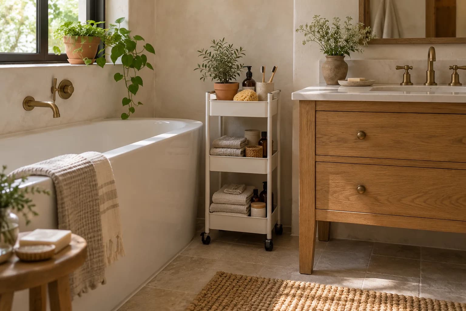 Slim white rolling cart with towels and toiletries tucked beside a bathtub