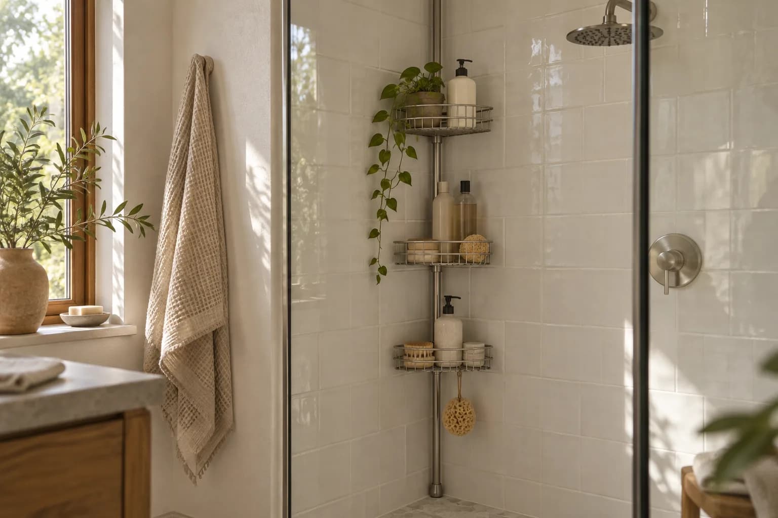 Tension pole shower caddy with shelves of bottles in a white tiled shower