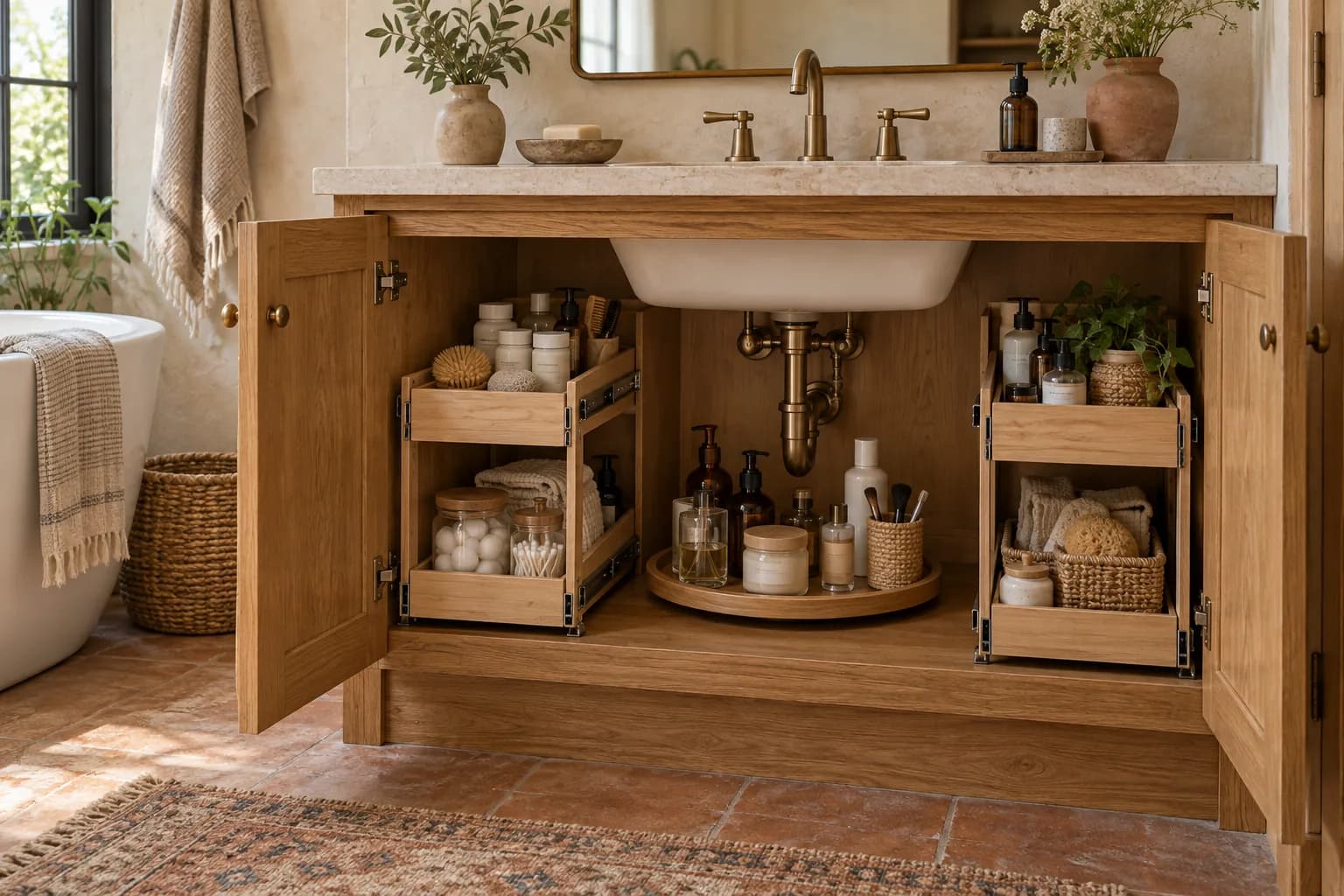 Open oak vanity with pull-out organizers and a turntable fitted around the sink pipes