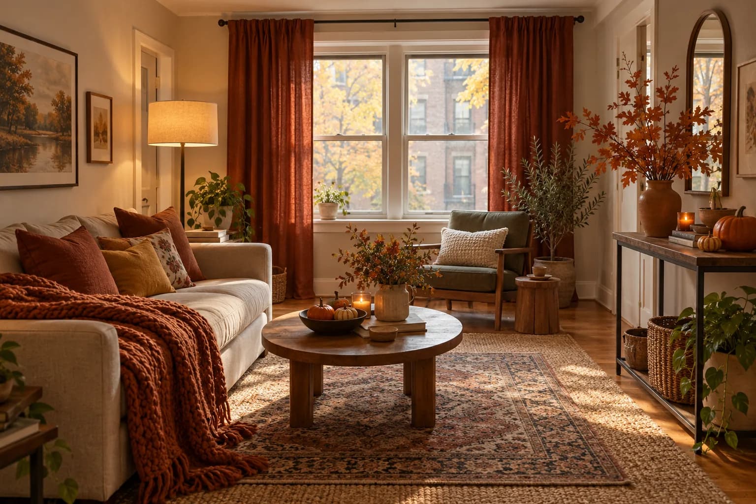 Renter-friendly fall living room with rust curtains, a knit throw, pumpkins and a warm lamp