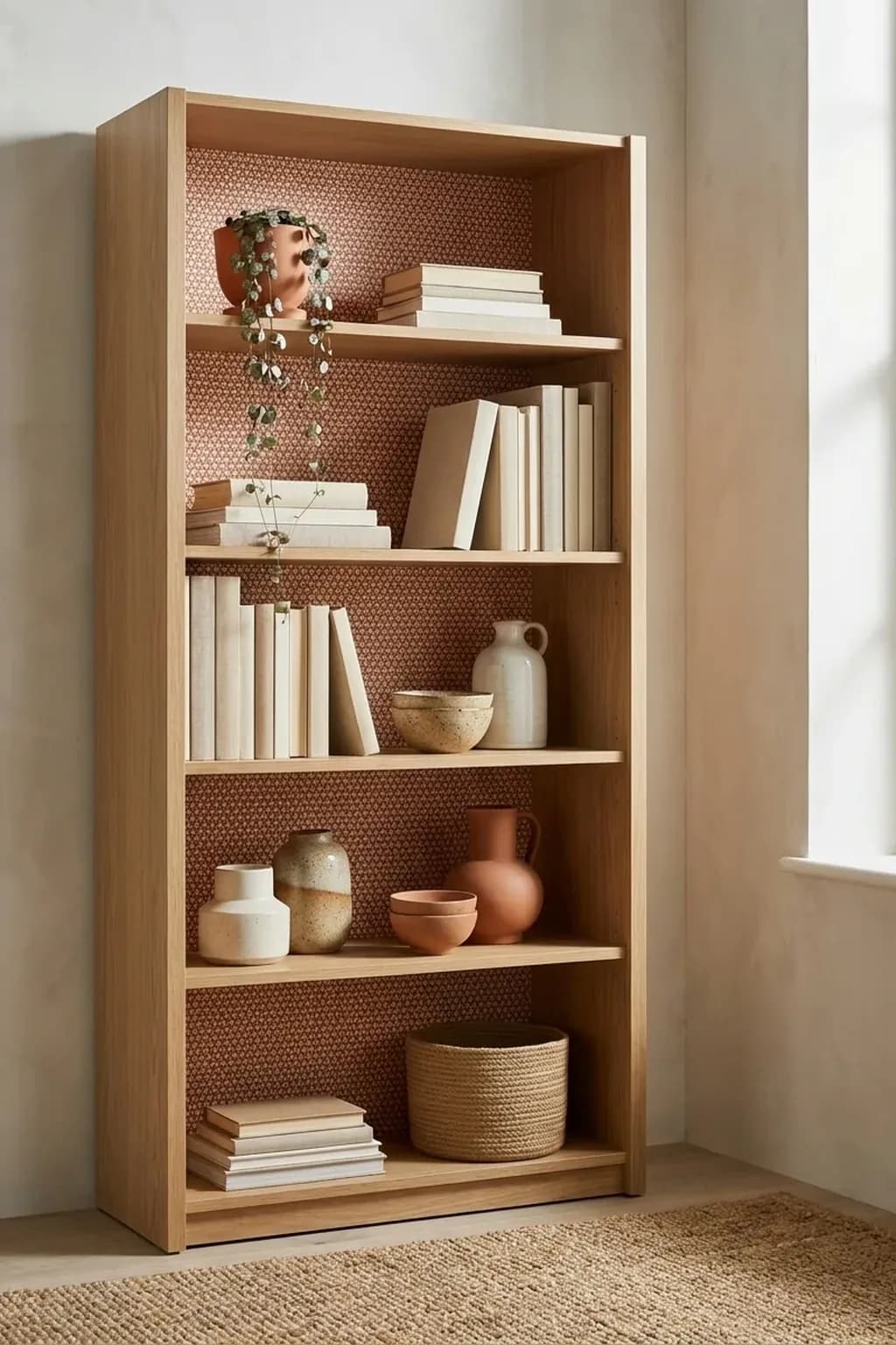 Natural wood bookcase with a terracotta-patterned wallpaper back, neutral books, plants and stoneware