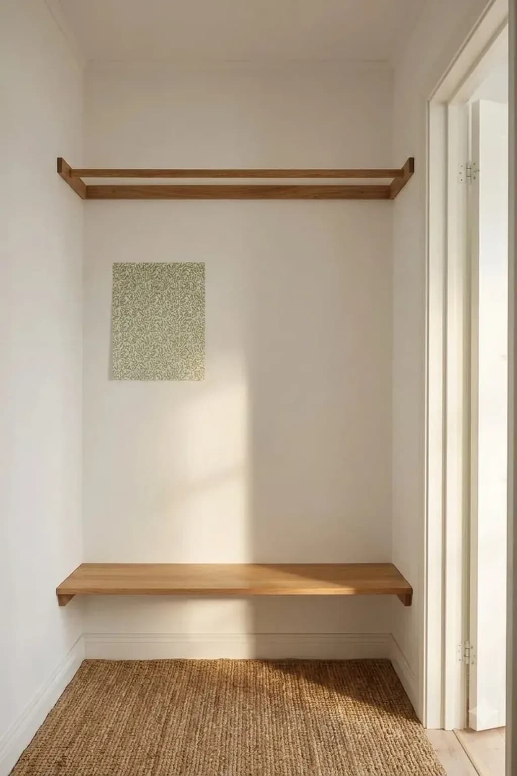 Inside of an empty closet with plain white walls and one hand-sized square sample of patterned wallpaper stuck on the side wall at eye level, a clothes rail above, soft light from the open door