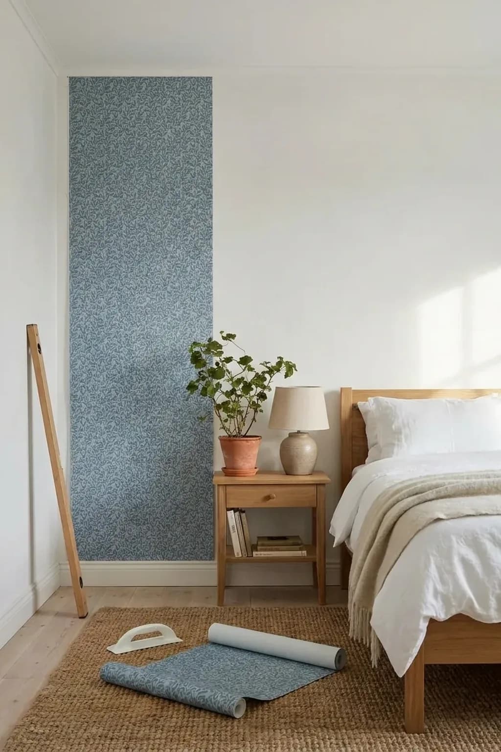 First panel of muted blue patterned wallpaper hung on a white wall a little way out from the corner, a long level leaning against the wall, a smoothing tool and a roll of wallpaper on the rug beside a bed
