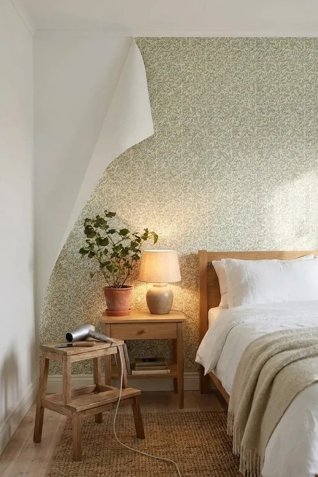 Top corner of a wallpaper panel peeled back and folded down close to the wall, showing clean undamaged white paint beneath, a hair dryer resting on a step stool beside it