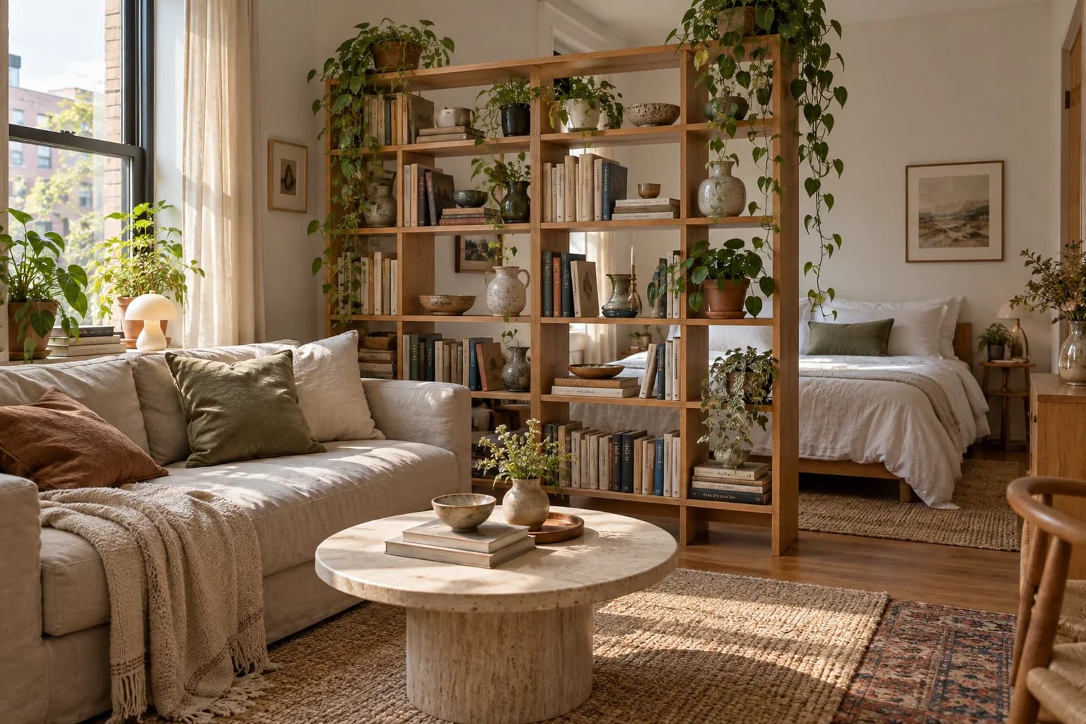 Studio apartment split by an open-back oak bookcase with plants, linen sofa in front and bed behind