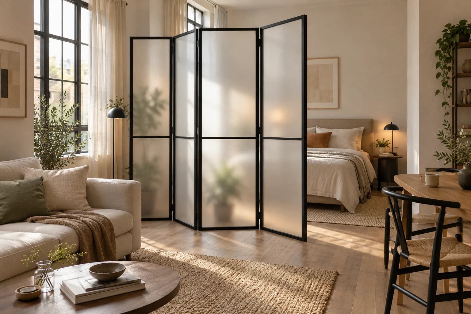 Folding frosted acrylic screen in black metal frames dividing a studio apartment