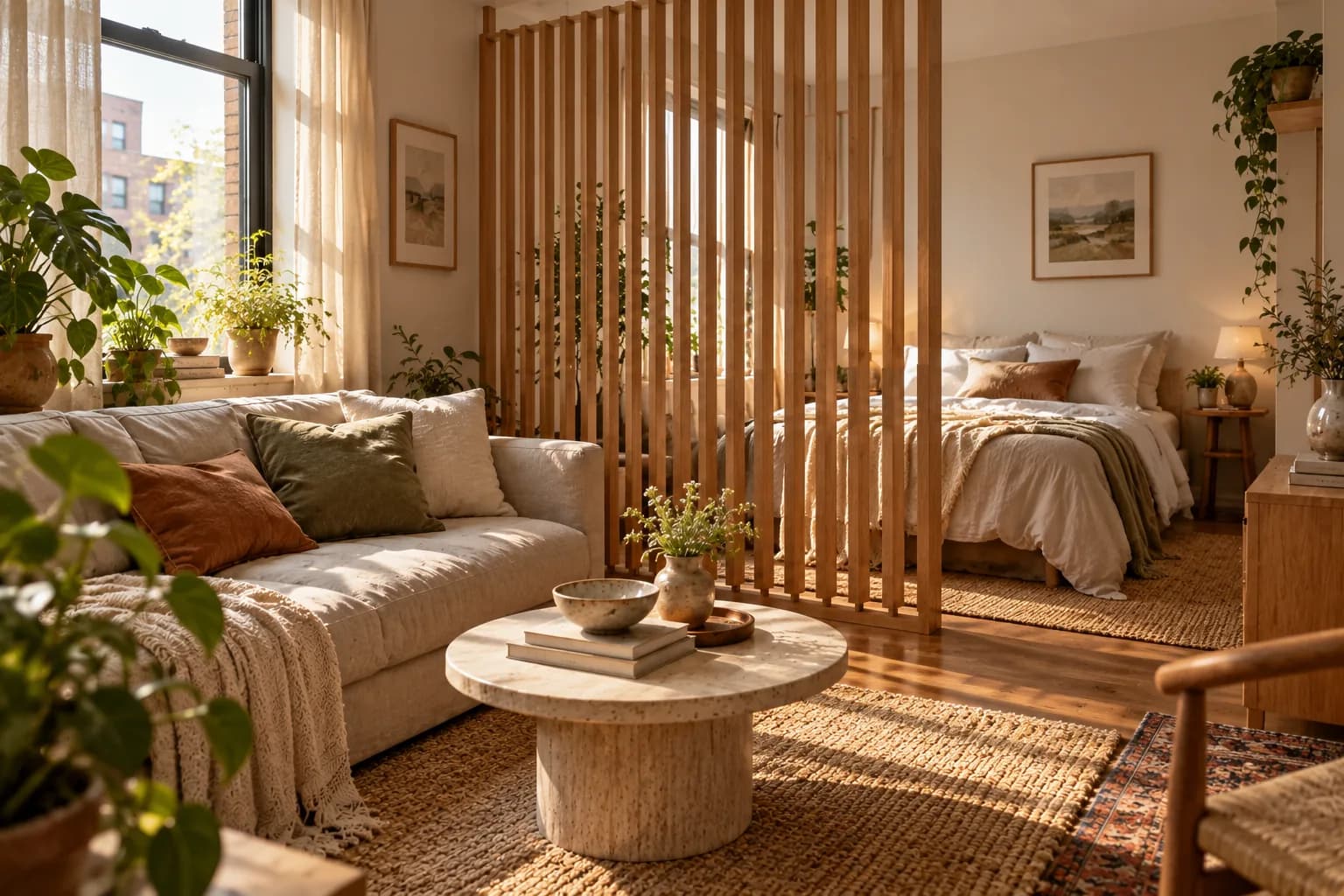 Floor-to-ceiling slatted oak tension divider separating a sofa area from a bed in a sunny studio