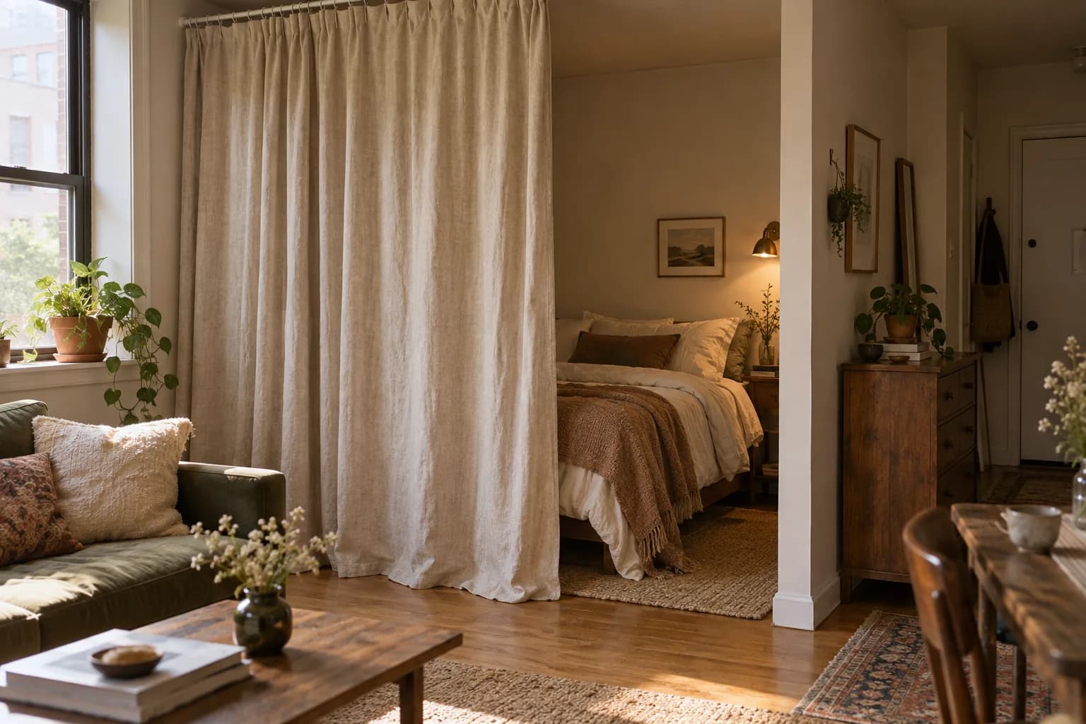 Floor-to-ceiling linen curtain on a tension rod partly open to a cozy sleeping nook