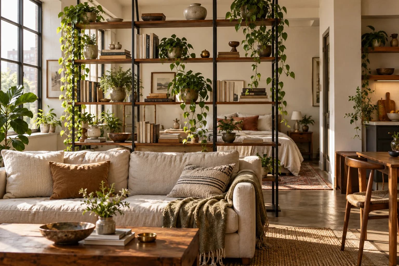 Open-backed etagere shelving with plants and books dividing a studio living area from the bed