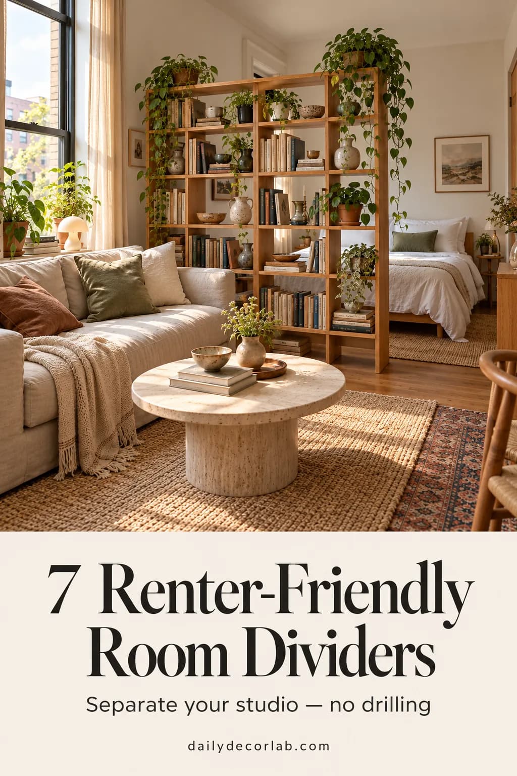 Studio apartment split by an open oak bookcase with a sofa in front and bed behind