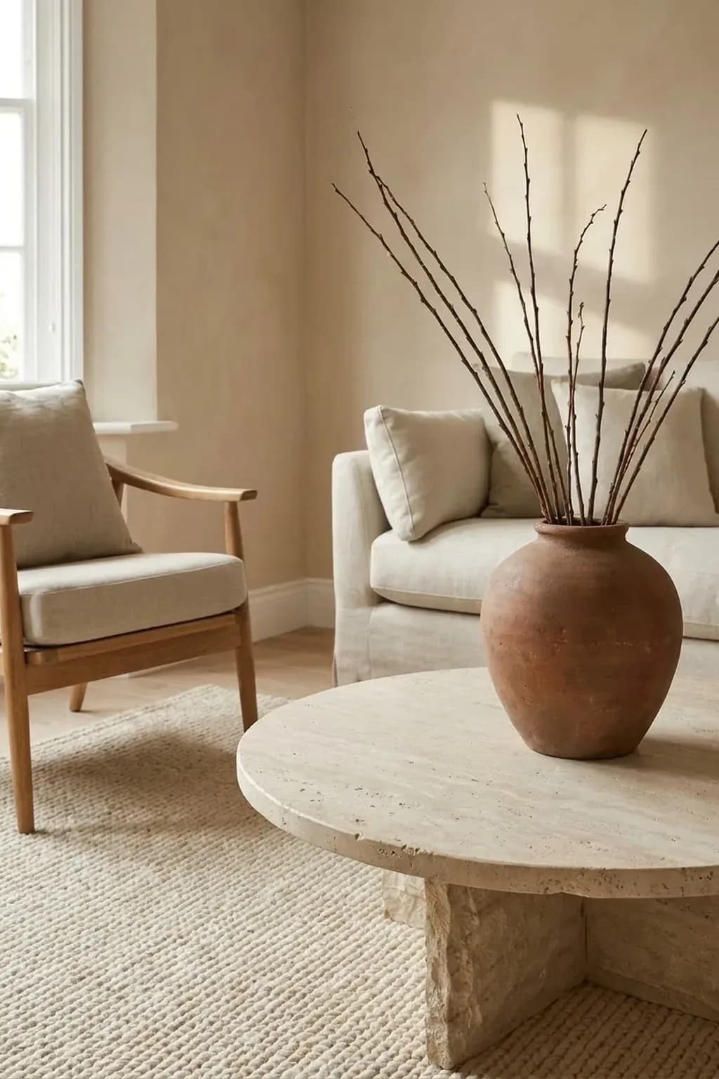 Round pale stone coffee table with a single heavy round-bodied ceramic vase holding a few tall bare branches, placed slightly off-center, a cream rug and an armchair behind