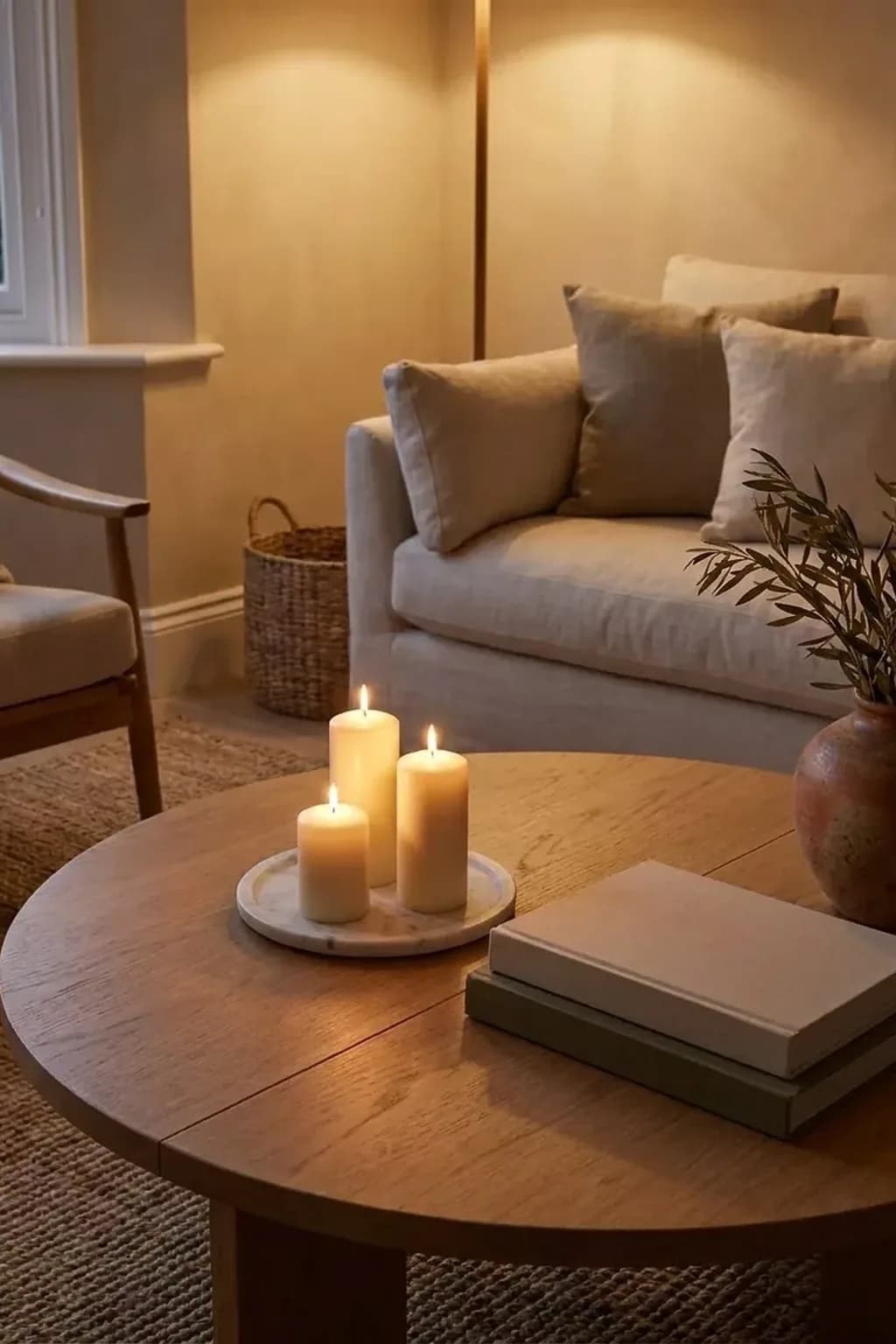 Three cream pillar candles of different heights on a small marble plate beside a low stack of two blank-covered books on a round wooden coffee table, evening lamp light
